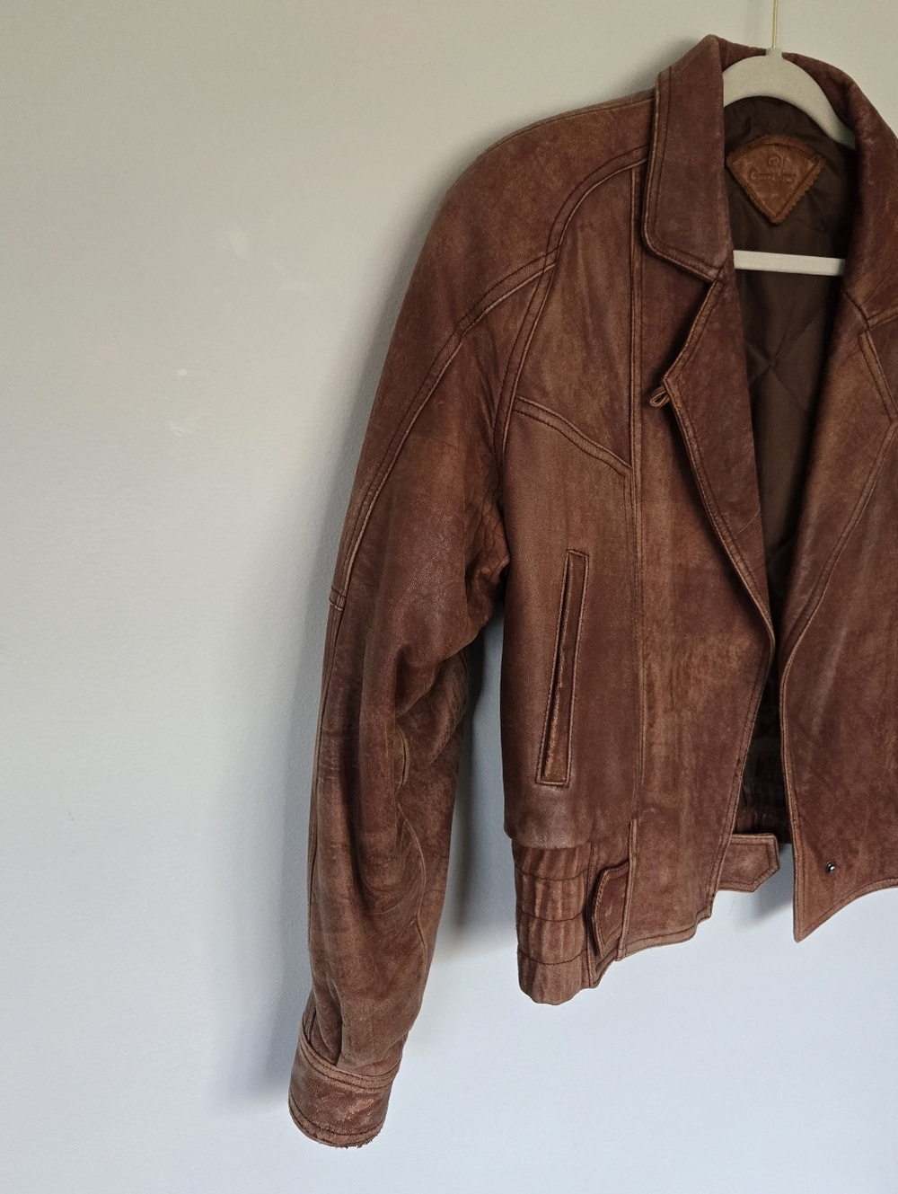 Vintage Style Brown Leather Jacket Distressed Patina Italy Buttons - Picture 3 of 10